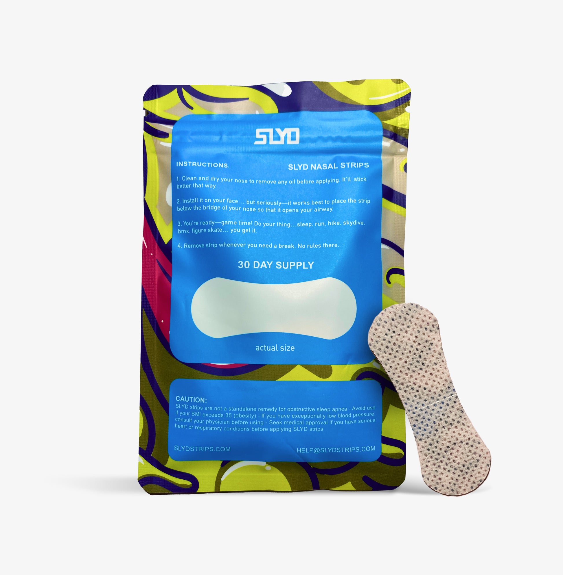 back of nasal strips bag, 30 day supply, instructions on how to use strips, sizing shown, sleep like you're dead logo, sticky side of custom design nasal strip 